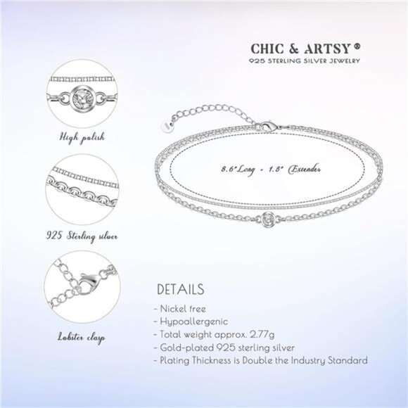 925 Sterling Silver Ankle Bracelet Multilayer Anklets for Women Satellite, Star - Picture 5 of 7